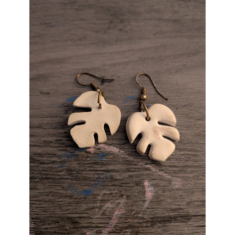 Handmade White Monstera Leaf Clay Earrings Boho Tropical Botanical Drop Earrings